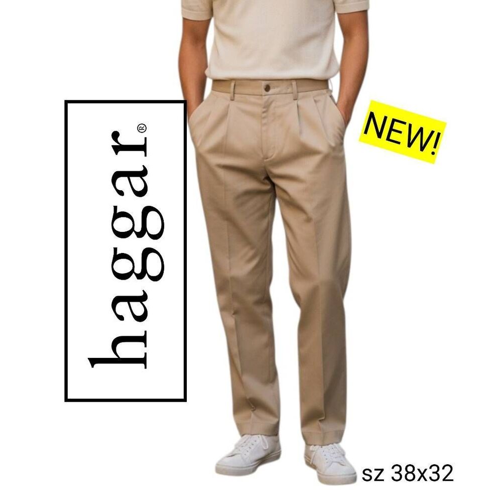 Haggar NEW Tan Khaki No Iron Cotton Pleated Front Business Casual Trousers Pants